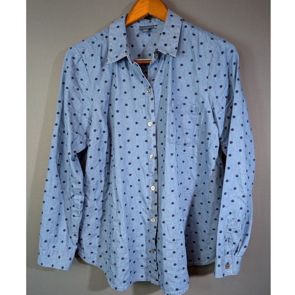 J. Jill Md Polka-Dot Denim Long sleeve Button Down Collared Blouse Work Casual